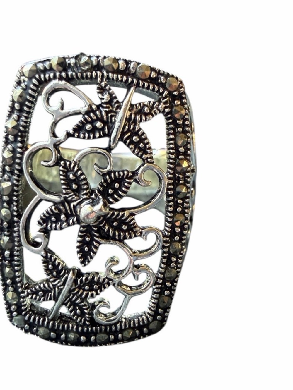 Silver Floral Marcasite Statement Ring